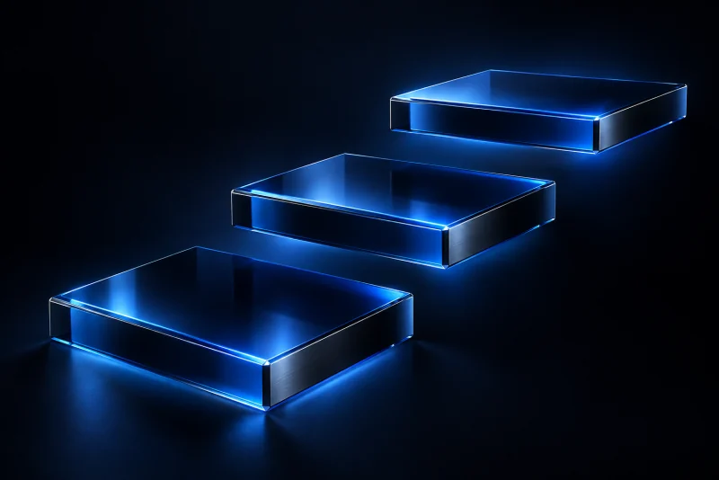 Three rising electric blue glass platforms