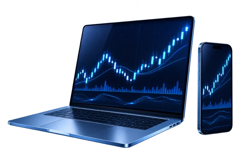 Blue glass laptop and smartphone with stylised trading charts